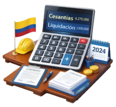 Calculadora de liquidación con cesantías y documentos laborales, representando cálculos salariales en Colombia.