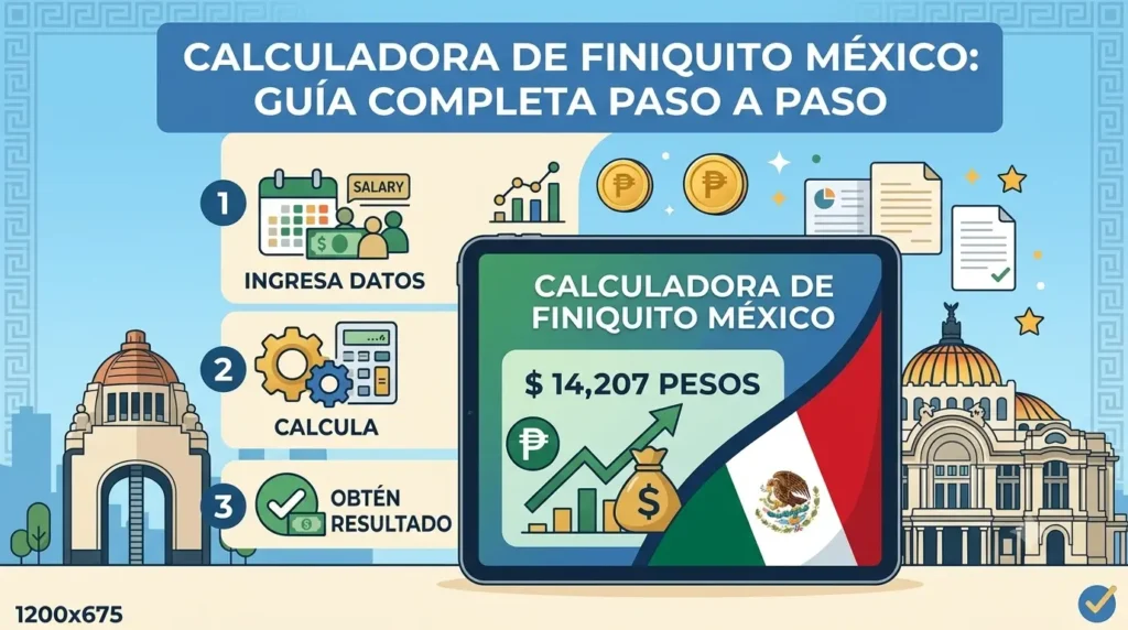 Infografía de la calculadora de finiquito México: ingresa tus datos, calcula y obtén tu resultado en 3 pasos.