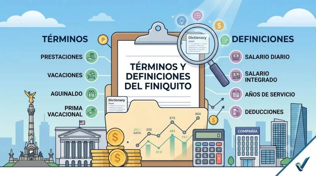 Glosario de la calculadora de finiquito: prestaciones, vacaciones, aguinaldo, prima vacacional, salario diario y deducciones.